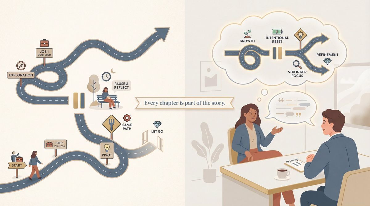Editorial illustration of a non-linear career path with gaps and pivots transforming into a confident interview narrative