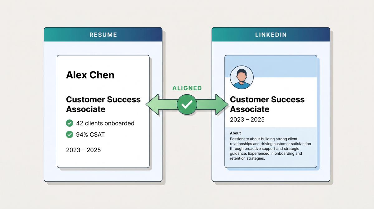 Side-by-side editorial illustration of a resume and LinkedIn profile with matching headlines and dates, showing alignment builds recruiter trust