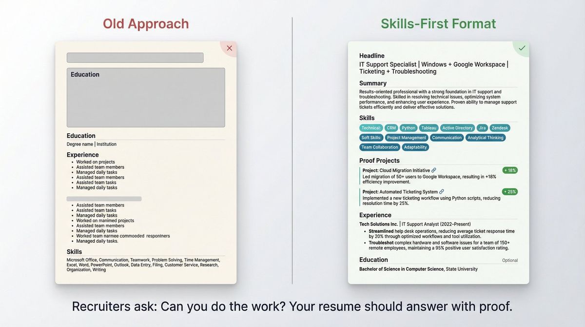 Side-by-side comparison of a traditional degree-first resume vs a skills-first resume format optimized for no-degree job seekers