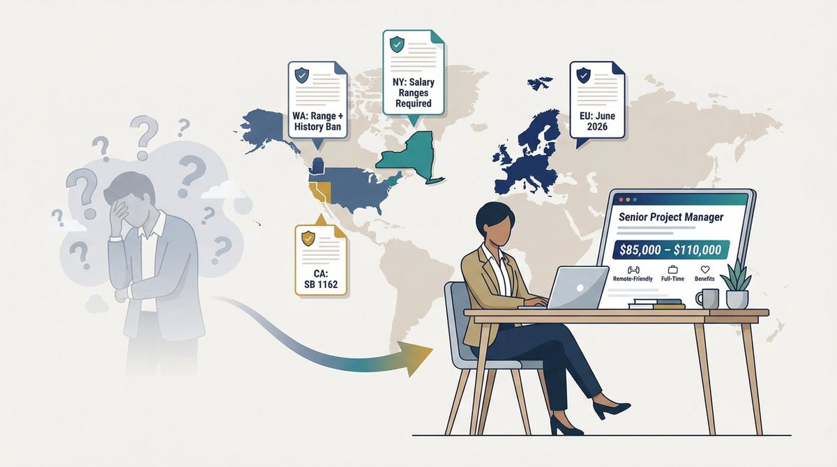 Editorial illustration showing pay transparency laws in New York, Washington, California, and the EU giving job seekers a structural salary negotiation advantage in 2026