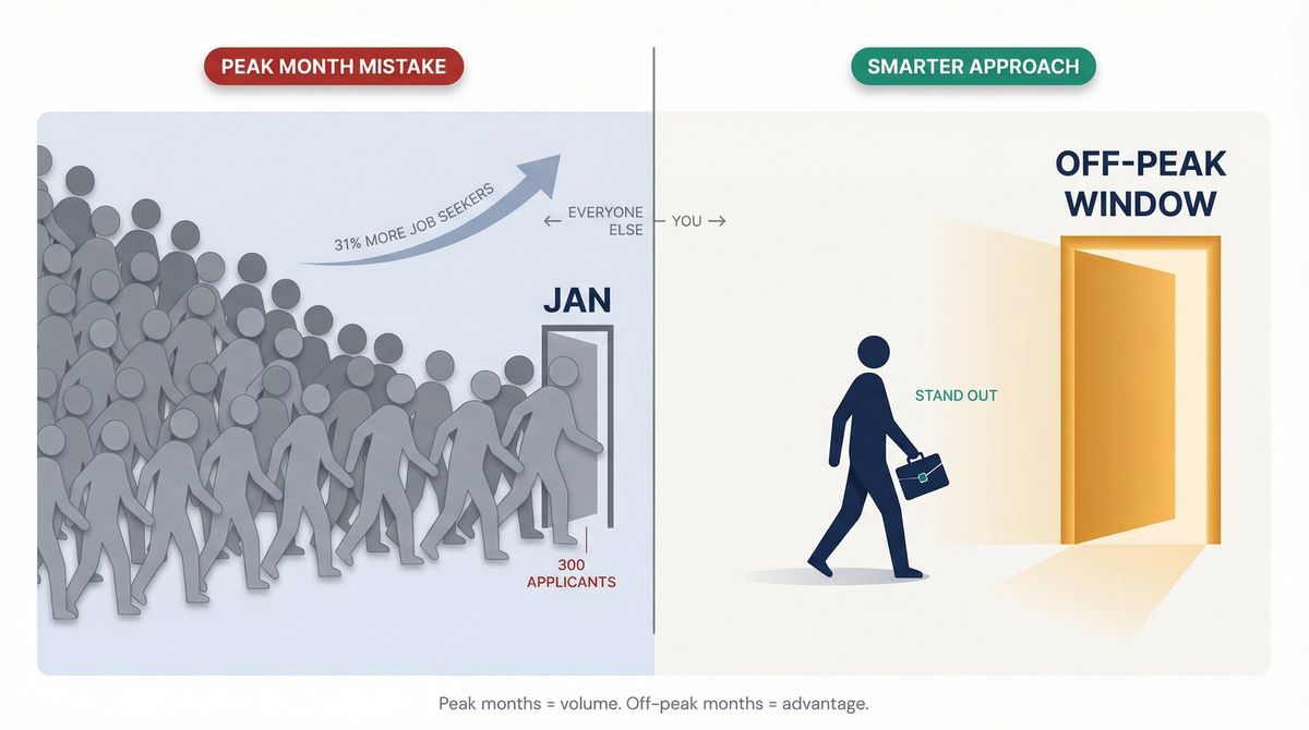 Split editorial illustration: massive crowd funneling into one narrow January door vs. one calm candidate walking through a wide open off-peak door