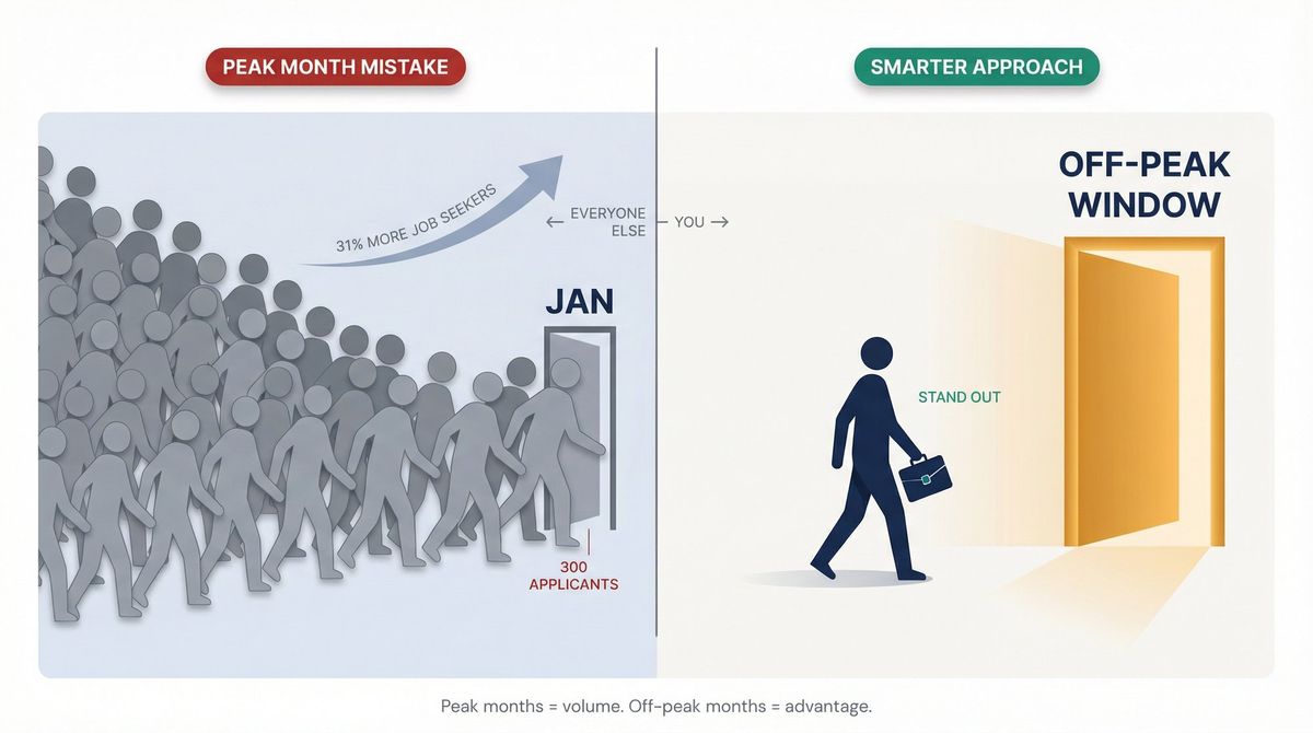 Split editorial illustration: massive crowd funneling into one narrow January door vs. one calm candidate walking through a wide open off-peak door