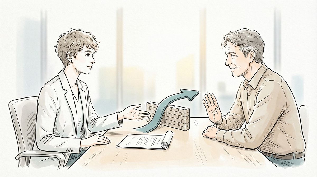 Professional calmly redirecting a raise objection in a workplace conversation, turning a roadblock into a forward path