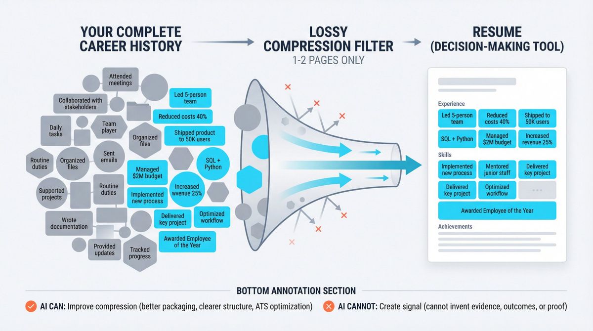 Visual diagram showing how career history gets compressed into a resume through signal filtering