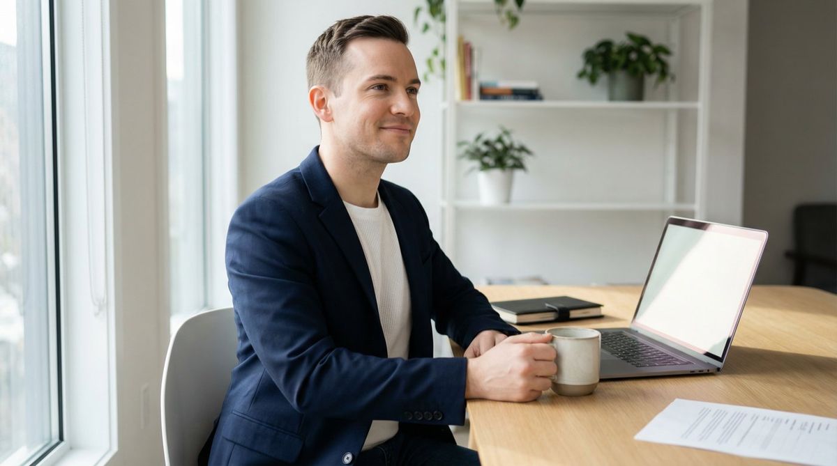 Confident professional composing a polished job offer decline email at a modern minimalist desk