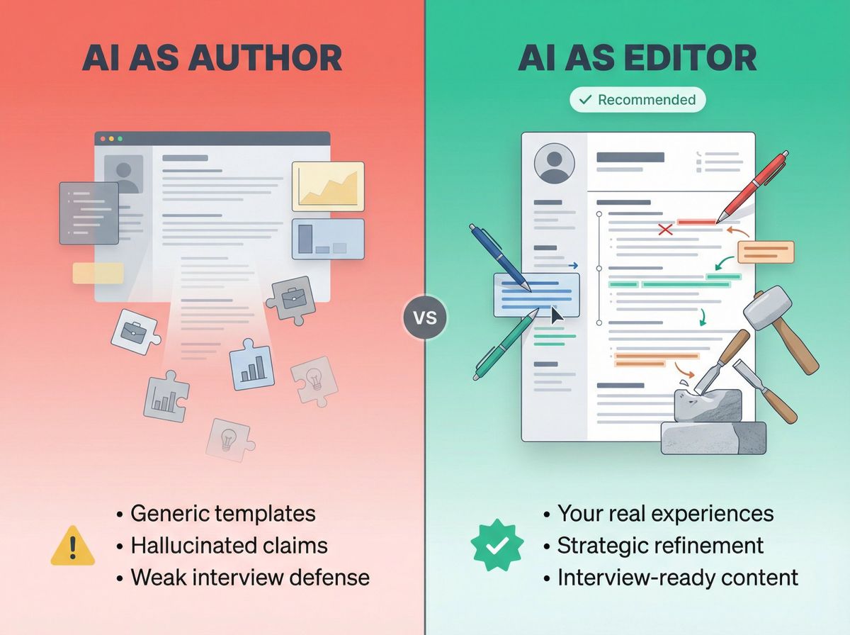 Split-screen comparison showing AI as author (left, generic template output) versus AI as editor (right, refined authentic content)