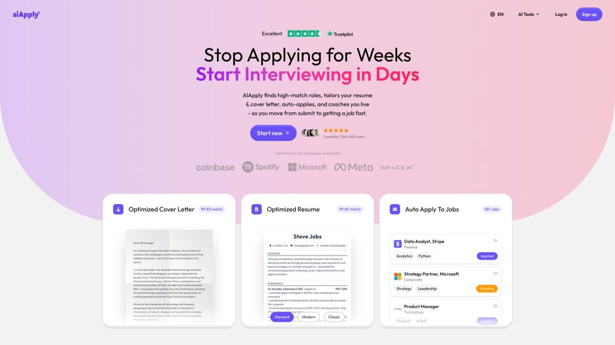 AIApply homepage showing job search automation platform with resume builder, cover letter, and auto apply features