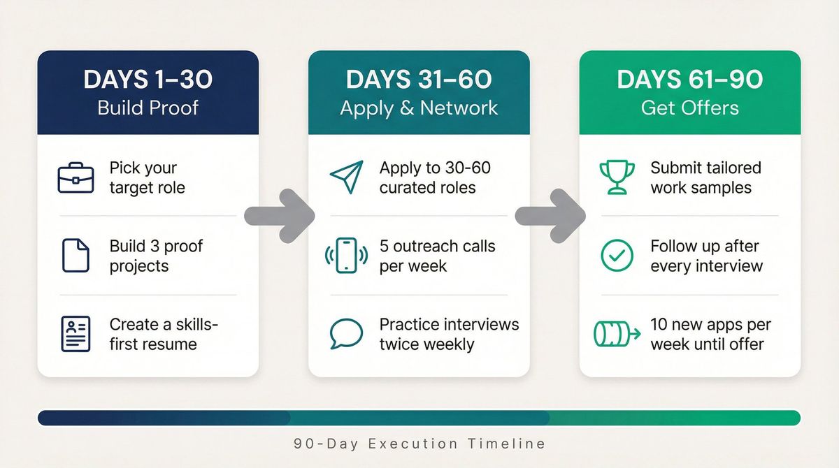 30-60-90 day job search roadmap showing three phases: build proof, apply and network, convert offers