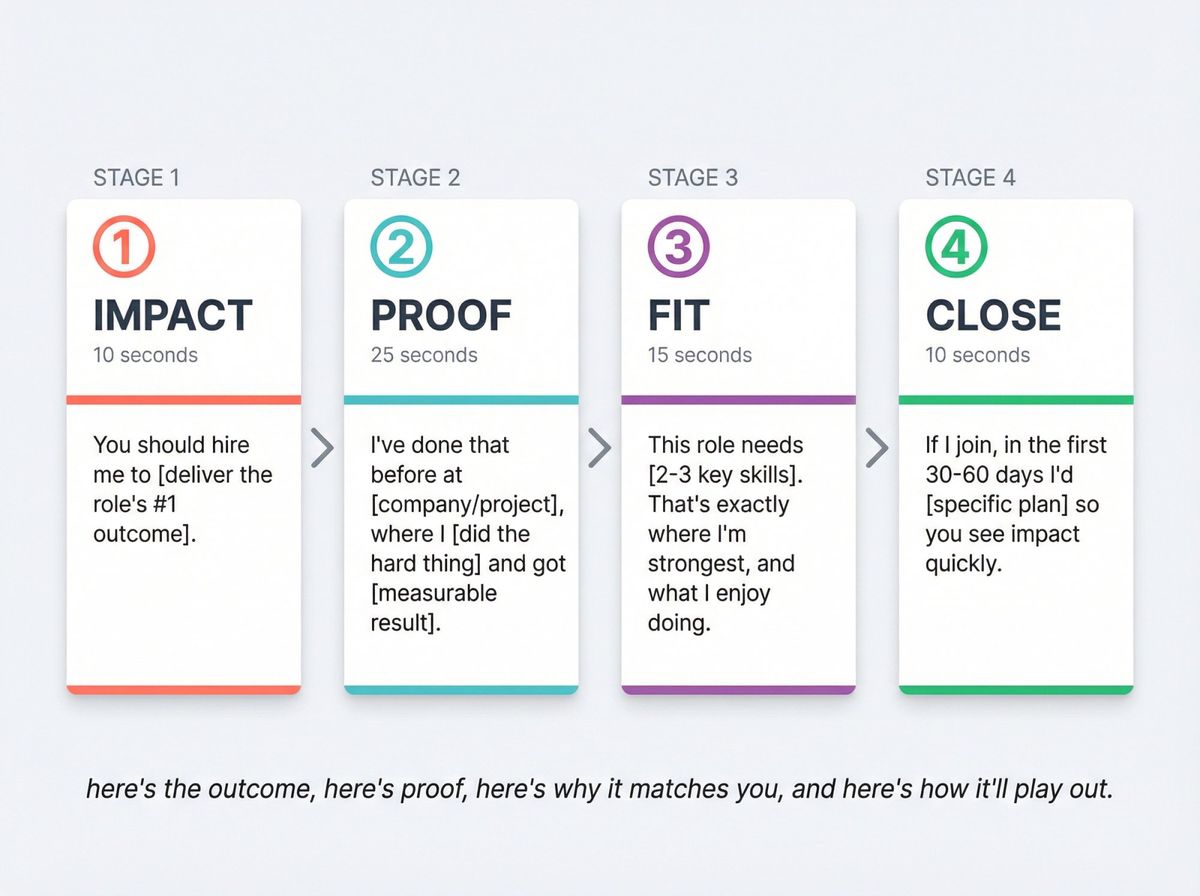 Visual diagram of the 4-part interview answer framework: Impact (10s), Proof (25s), Fit (15s), and Close (10s)