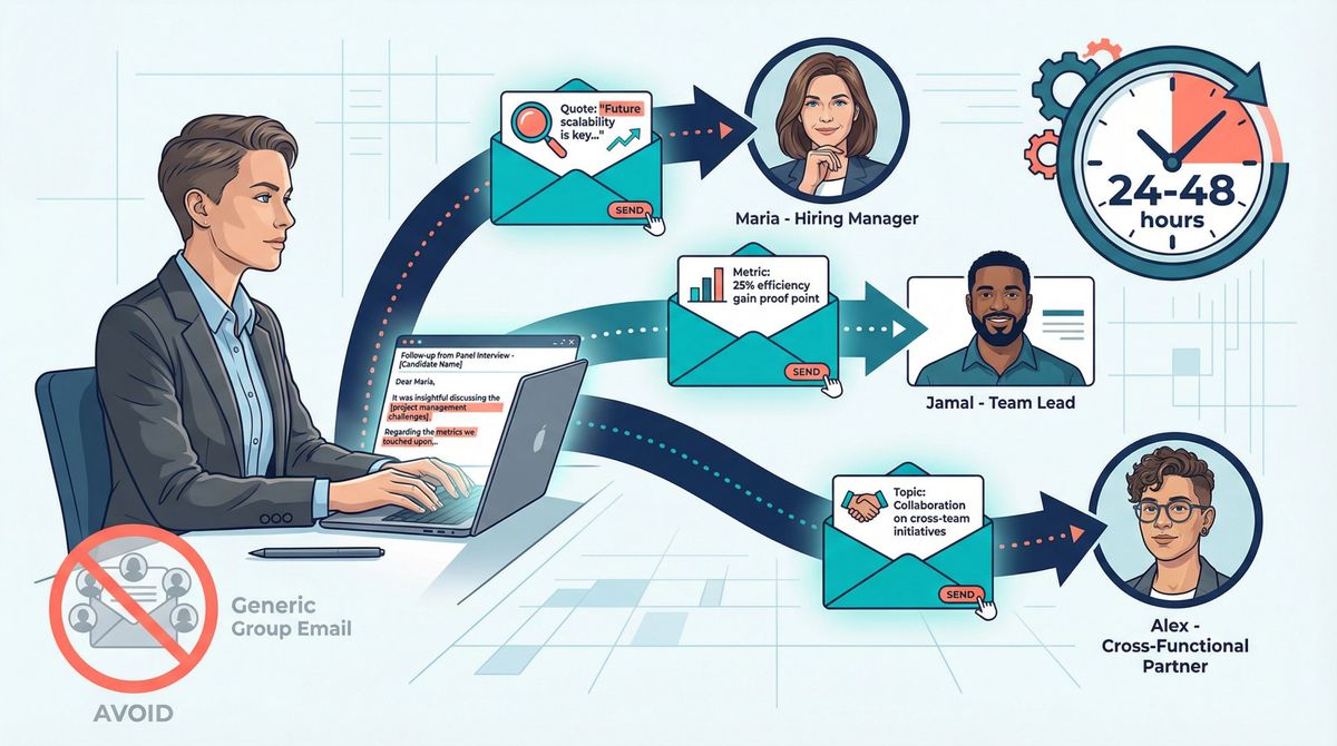 Visual system showing personalized thank-you emails being sent individually to each panel member within 24-48 hours
