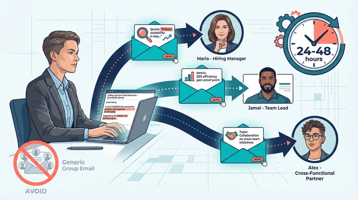 Visual system showing personalized thank-you emails being sent individually to each panel member within 24-48 hours