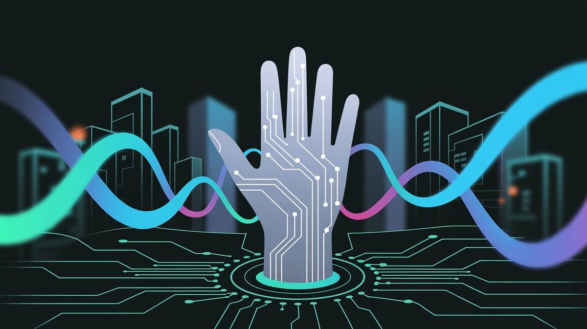 Hand-drawn illustration of a glowing digital hand with circuit board patterns emerging from a dark background, with flowing blue and pink data streams connecting geometric shapes, symbolizing digital literacy and technological fluency