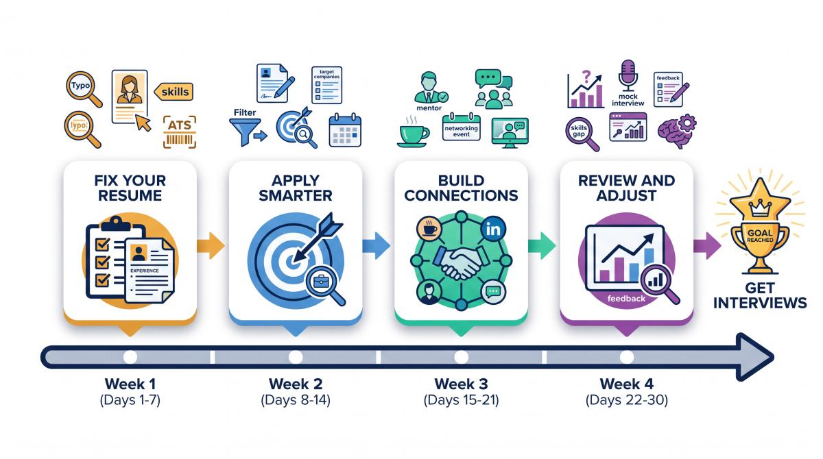 30-day job search roadmap showing four weekly phases from resume fix to review, with milestone icons for each stage