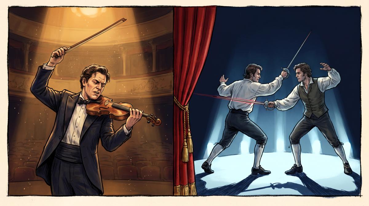 Split theatrical illustration: violinist performing on stage left, rapier duel choreography on stage right, united by dramatic spotlight