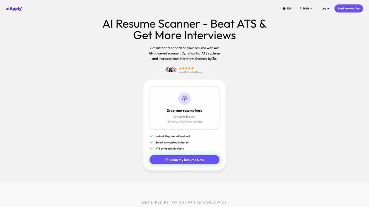 AI Resume Scanner interface analyzing ATS compatibility with detailed scoring, keyword optimization suggestions, and formatting recommendations