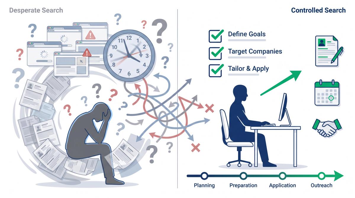 Split illustration contrasting a chaotic desperate job search on the left with a calm, structured controlled job search on the right