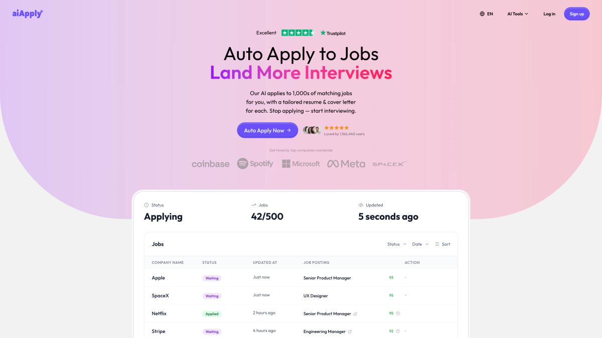 AIApply Auto Apply dashboard showing "Auto Apply to Jobs — Land More Interviews" with live job queue, Trustpilot rating, and 1,166,440 users social proof