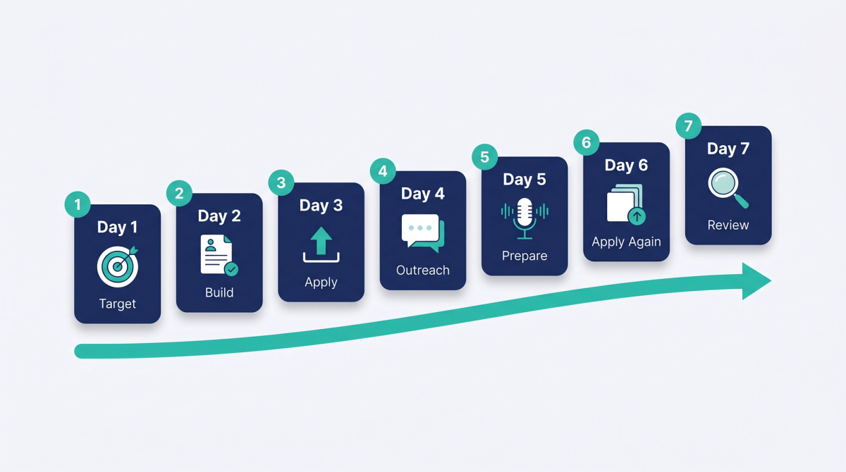 7-day job search sprint roadmap illustration showing daily milestones from targeting to review in navy and teal