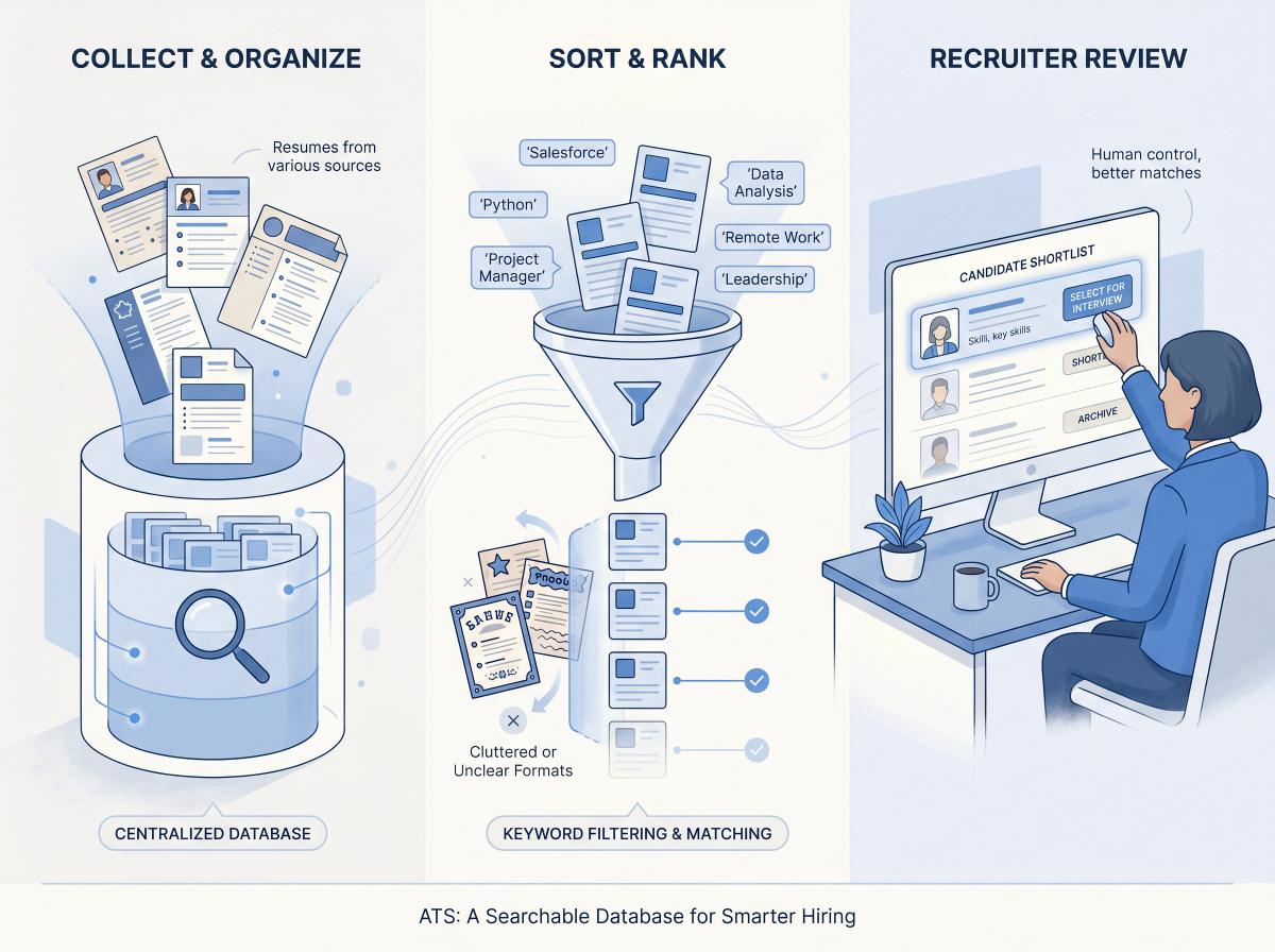 Editorial illustration showing resumes flowing into an ATS database filter with a human recruiter reviewing results on the other side