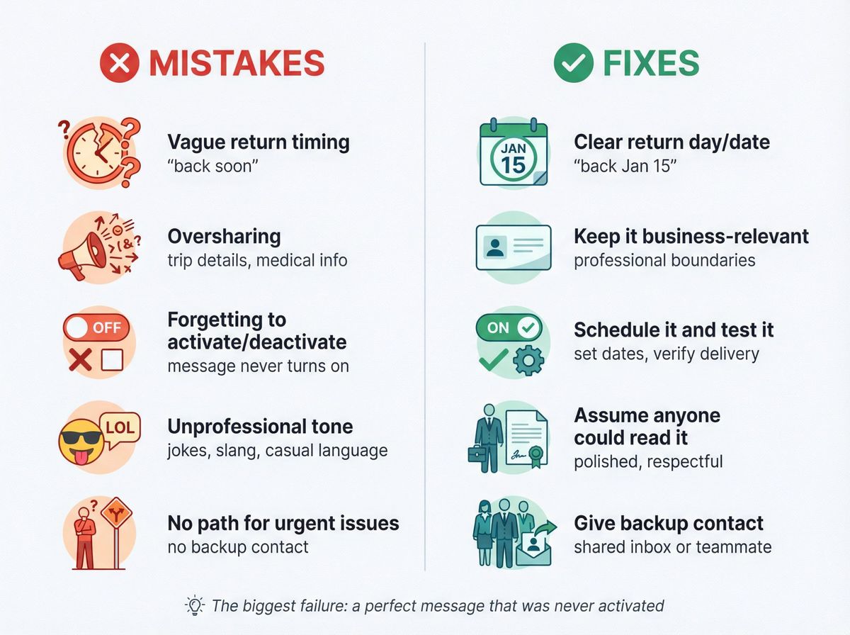 Split-panel infographic showing 5 common out-of-office message mistakes on the left versus their professional fixes on the right