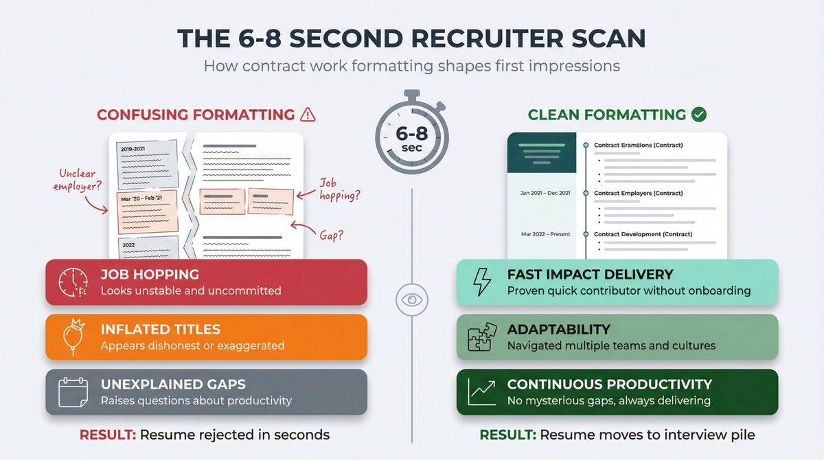 Split-screen infographic comparing how recruiters perceive confusing vs clean contract work formatting during 6-8 second resume scan