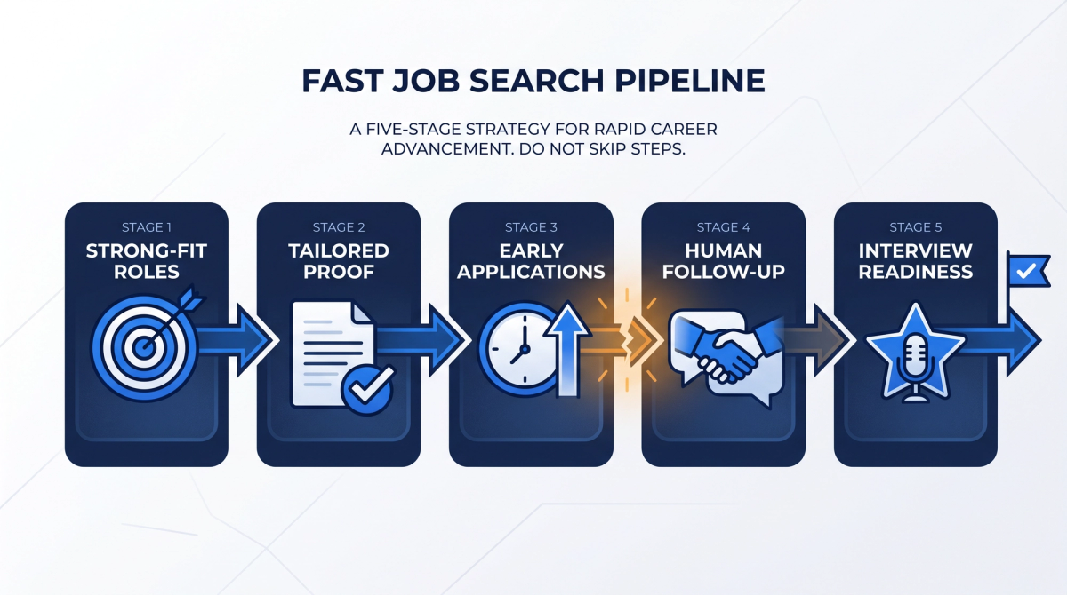 Five-part job search formula illustrated as a connected pipeline: strong-fit roles, tailored proof, early applications, human follow-up, and interview readiness