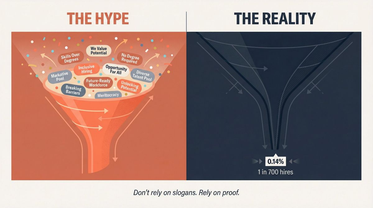 Editorial illustration showing the gap between skills-based hiring hype and its real-world 0.14% impact on hiring outcomes
