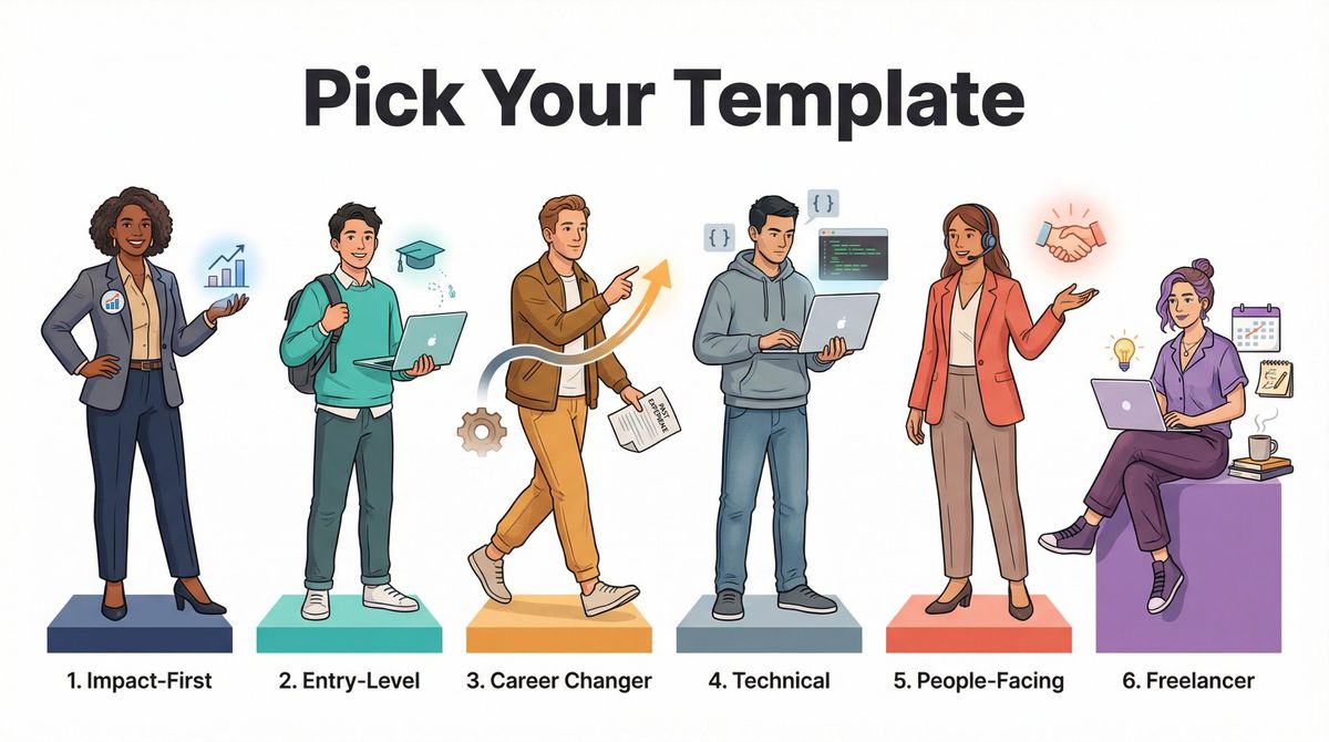 Six illustrated career personas representing each LinkedIn About section template: experienced pro, student, career changer, engineer, people-facing professional, and freelancer