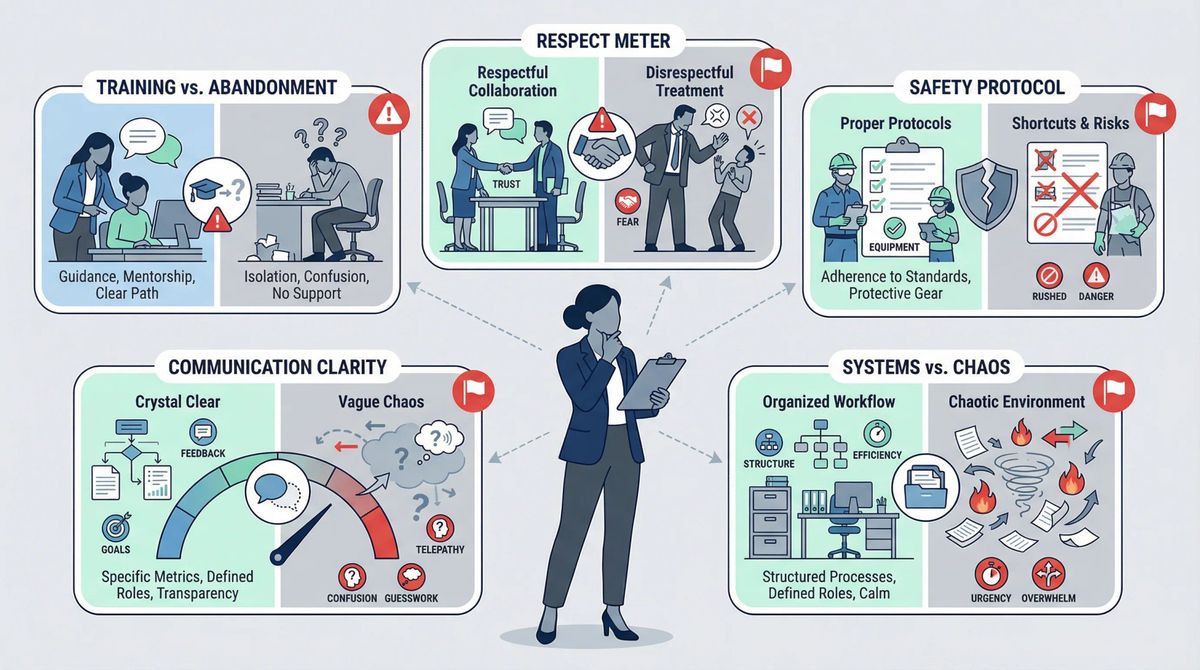 Professional candidate observing workplace environment with five evaluation criteria checkpoints during working interview