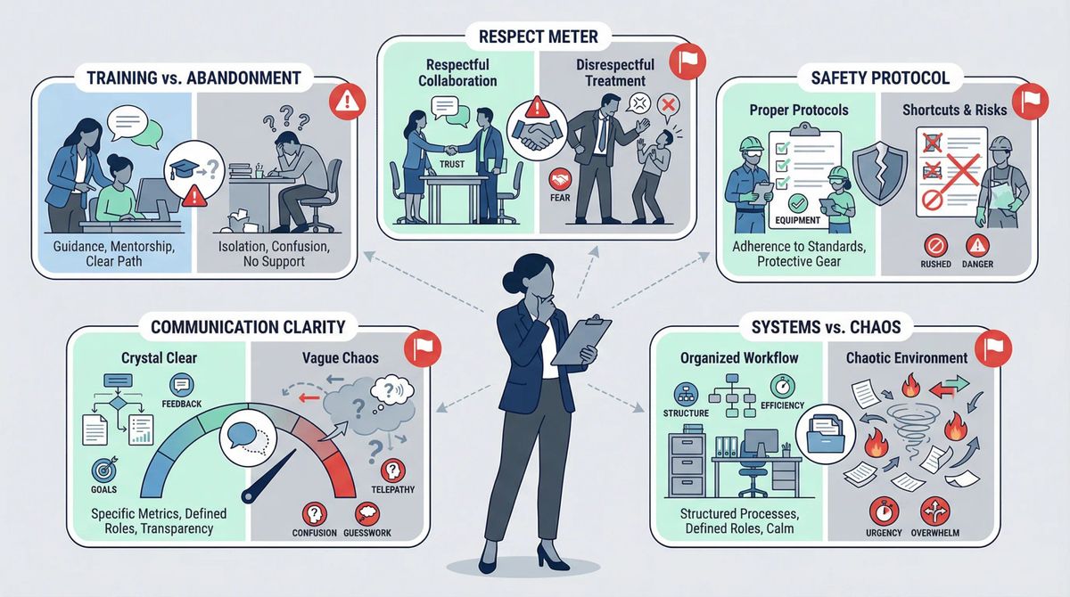 Professional candidate observing workplace environment with five evaluation criteria checkpoints during working interview