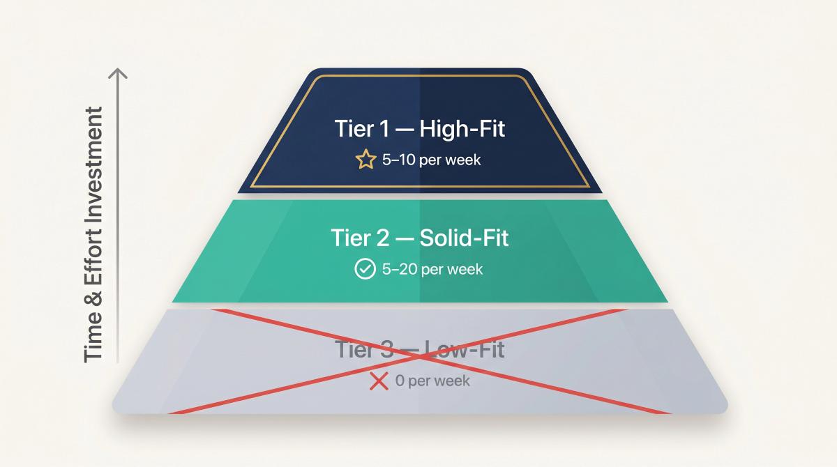 Three-tier job application pyramid showing Tier 1 high-fit roles at top, Tier 2 solid-fit in middle, Tier 3 skip at bottom