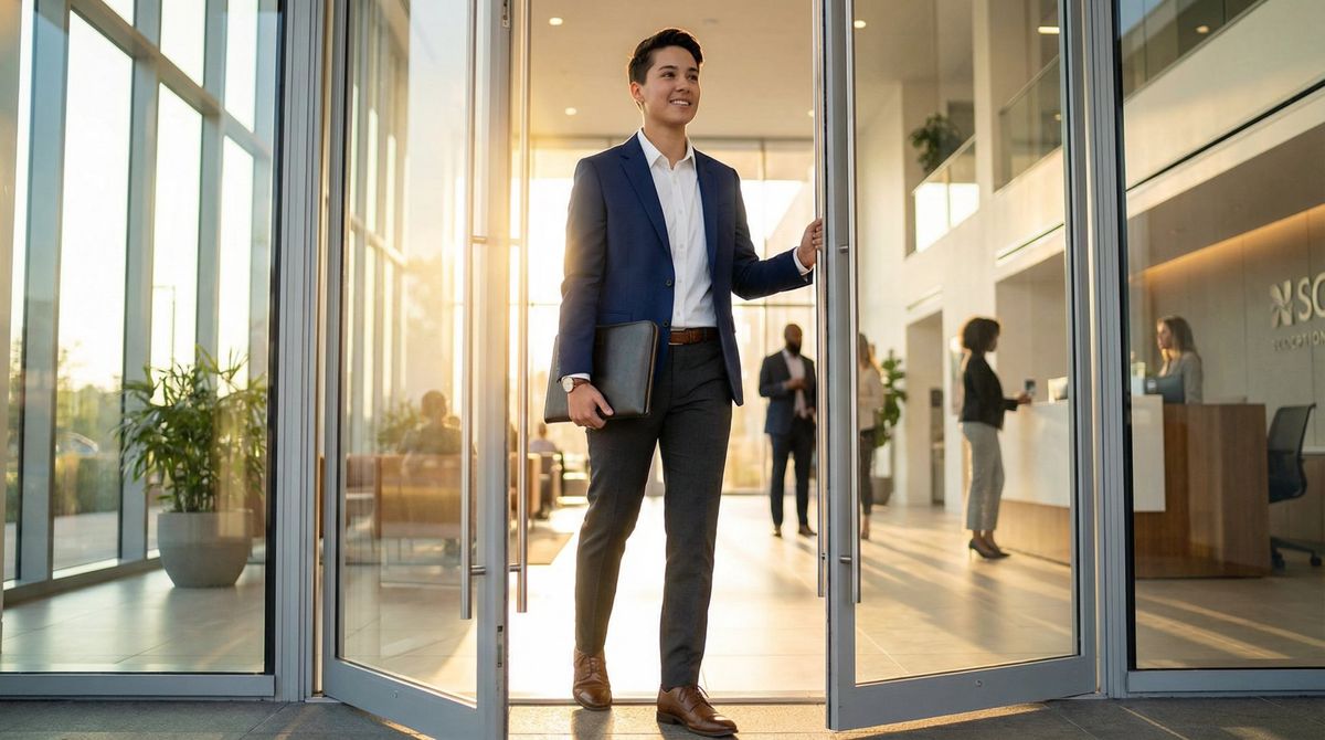 Confident professional in modern business attire walking into a bright interview setting, embodying success and self-assurance