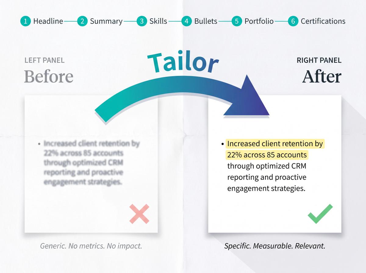 Before and after comparison of weak vs strong resume bullets showing the job title, skill, proof, result formula