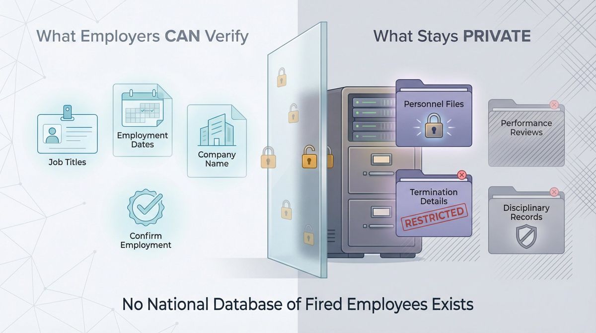 Editorial illustration showing protected employee records behind locked barriers, contrasting accessible verification data