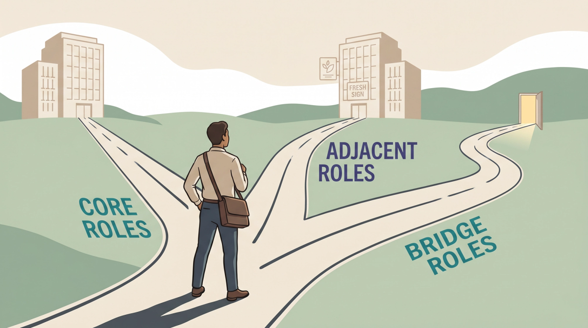 Editorial illustration of a job seeker at a three-way fork choosing between core, adjacent, and bridge career paths