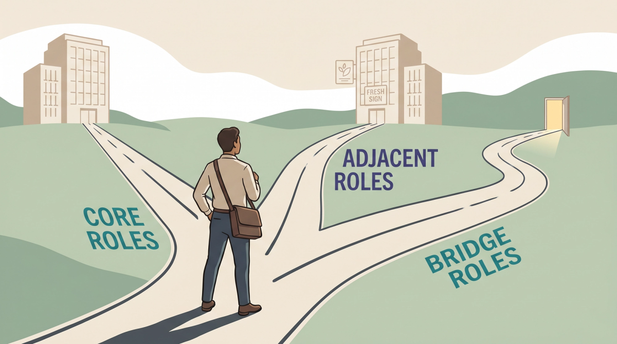 Editorial illustration of a job seeker at a three-way fork choosing between core, adjacent, and bridge career paths