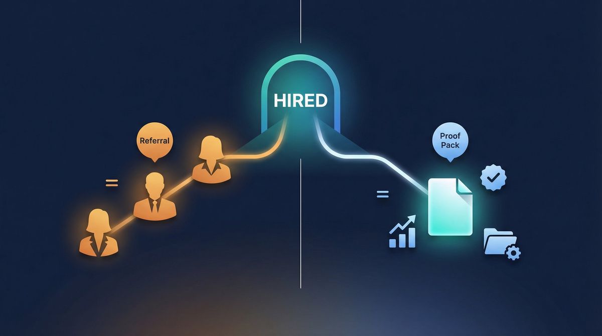 Two parallel paths to employer trust: traditional referral network vs. proof pack, both leading to a job offer