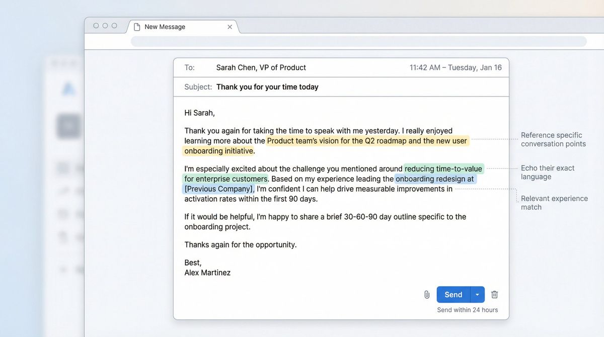 Professional email interface showing a personalized thank-you note being composed within 24 hours after final interview