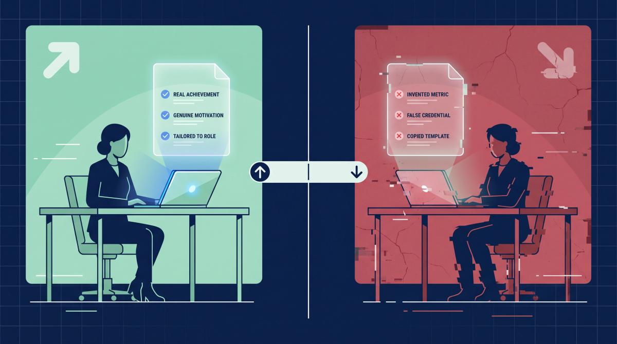 Split editorial illustration showing ethical vs unethical AI cover letter use: green do-side vs red don't-side divided by a bold line