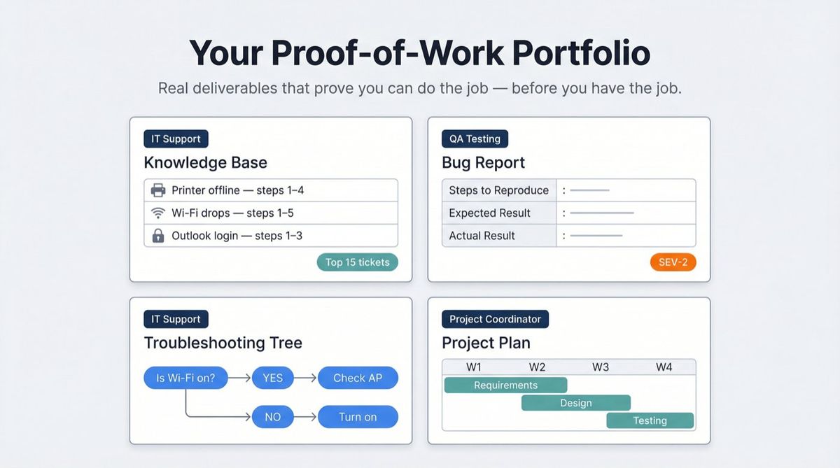 Four proof-of-work portfolio artifact cards for non-coding tech roles: IT support knowledge base, QA bug report, troubleshooting decision tree, and project plan