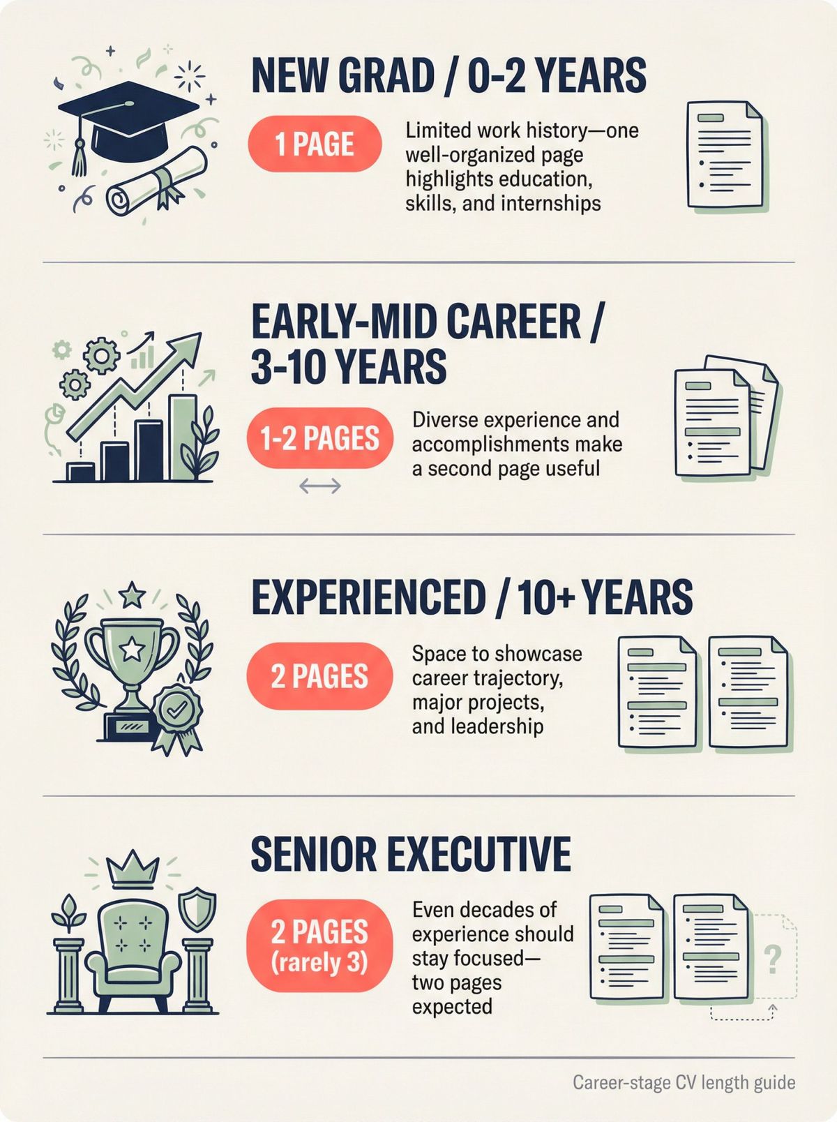 Visual guide showing recommended CV lengths by career stage from new graduate (1 page) to senior executive (2 pages)