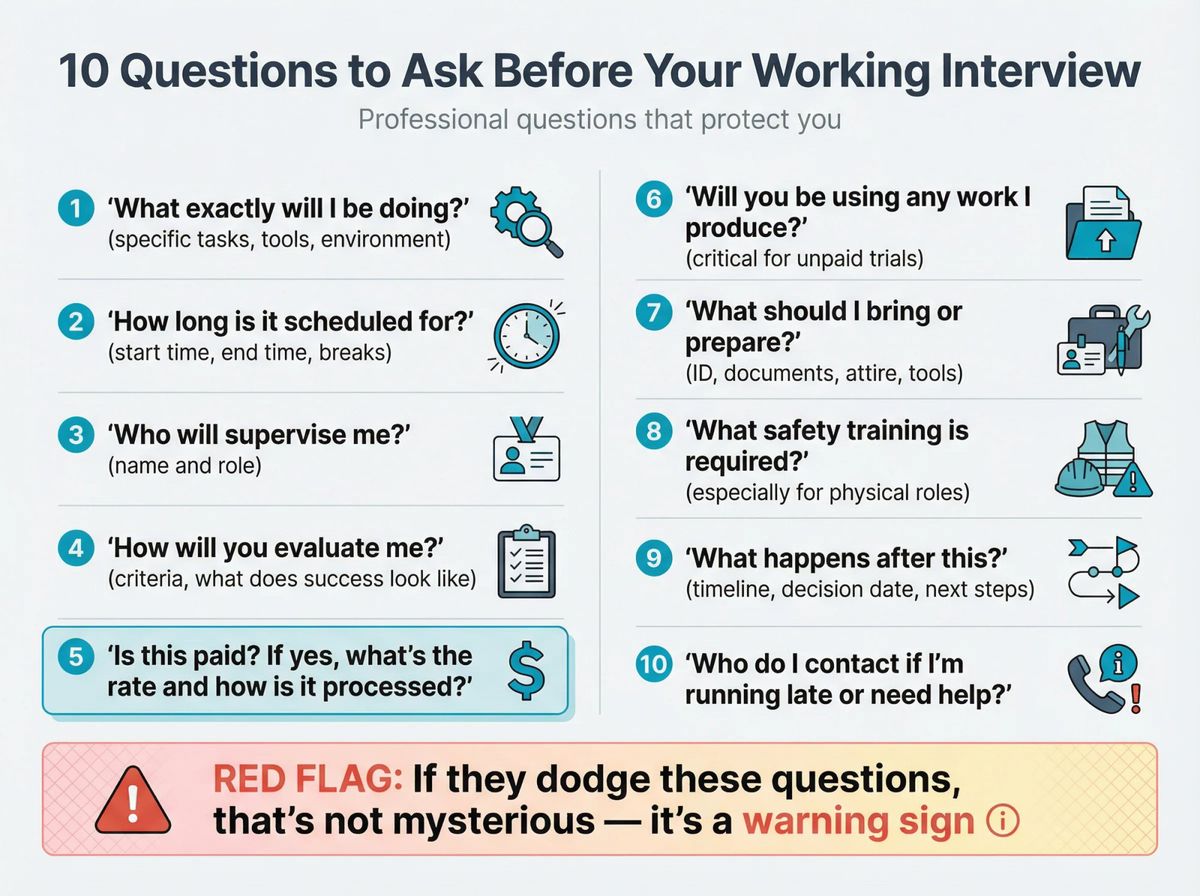Essential 10-question checklist to ask employers before accepting a working interview, covering scope, pay, supervision, and red flags