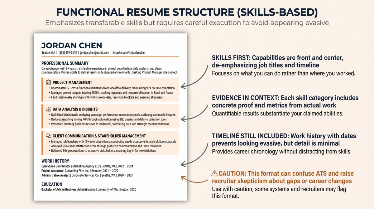 Functional resume mockup showing skill-based sections at top with condensed work history below