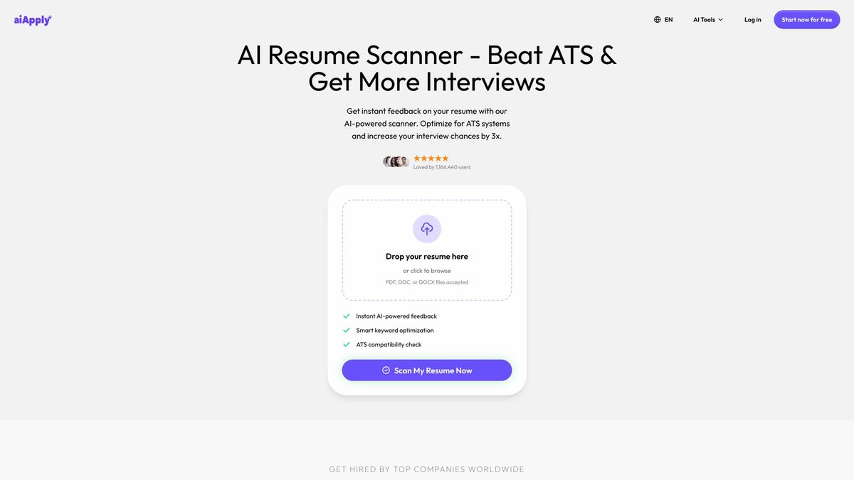 AIApply Resume Scanner interface showing ATS analysis tool that identifies keyword gaps and formatting issues before submission