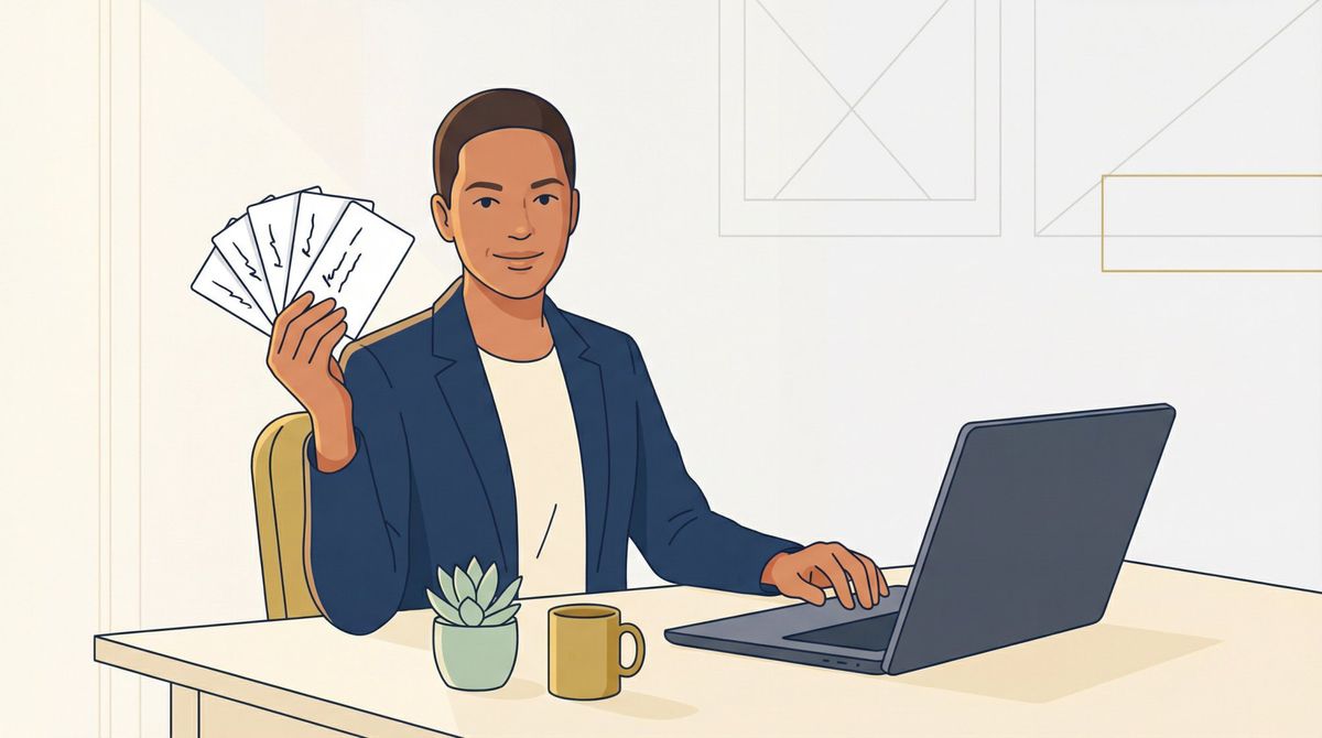 Professional confidently holding multiple interview answer cards, representing a prepared set of backup weakness responses