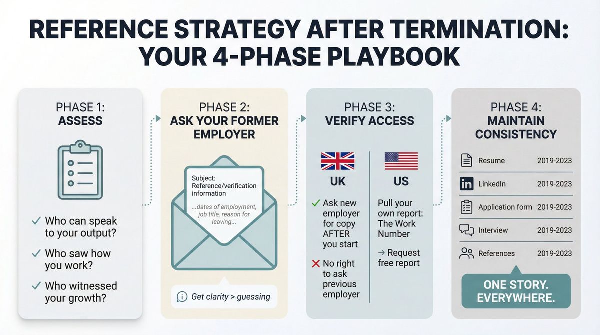Four-phase reference strategy workflow for job seekers after termination, showing assessment, verification, consistency checks, and prevention steps