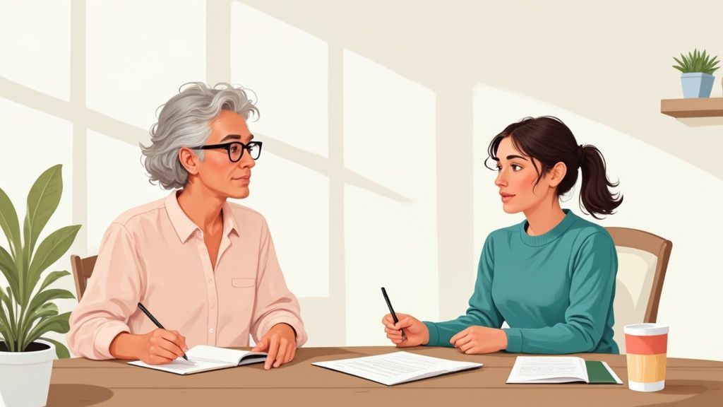 A young person strategizing at a desk with sticky notes and a laptop, planning their future skills.