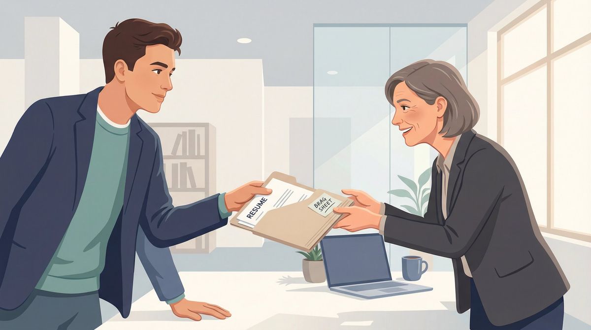 Job candidate handing an organized support packet to a recommender, illustrating preparation for a letter of recommendation