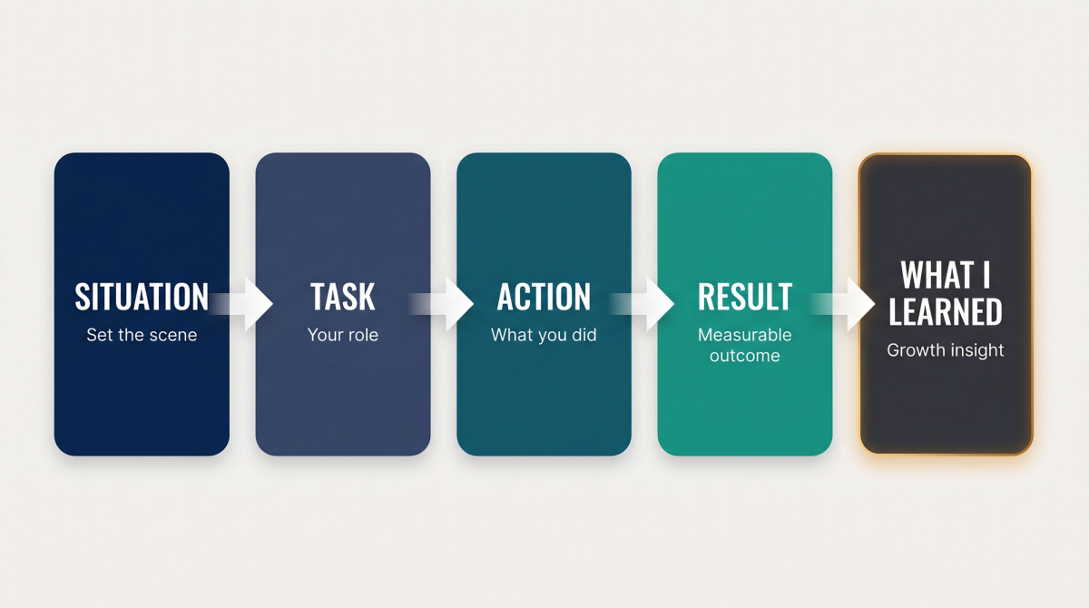 STAR interview framework diagram showing Situation, Task, Action, Result, and What I Learned as a 5-step connected flow for job seekers