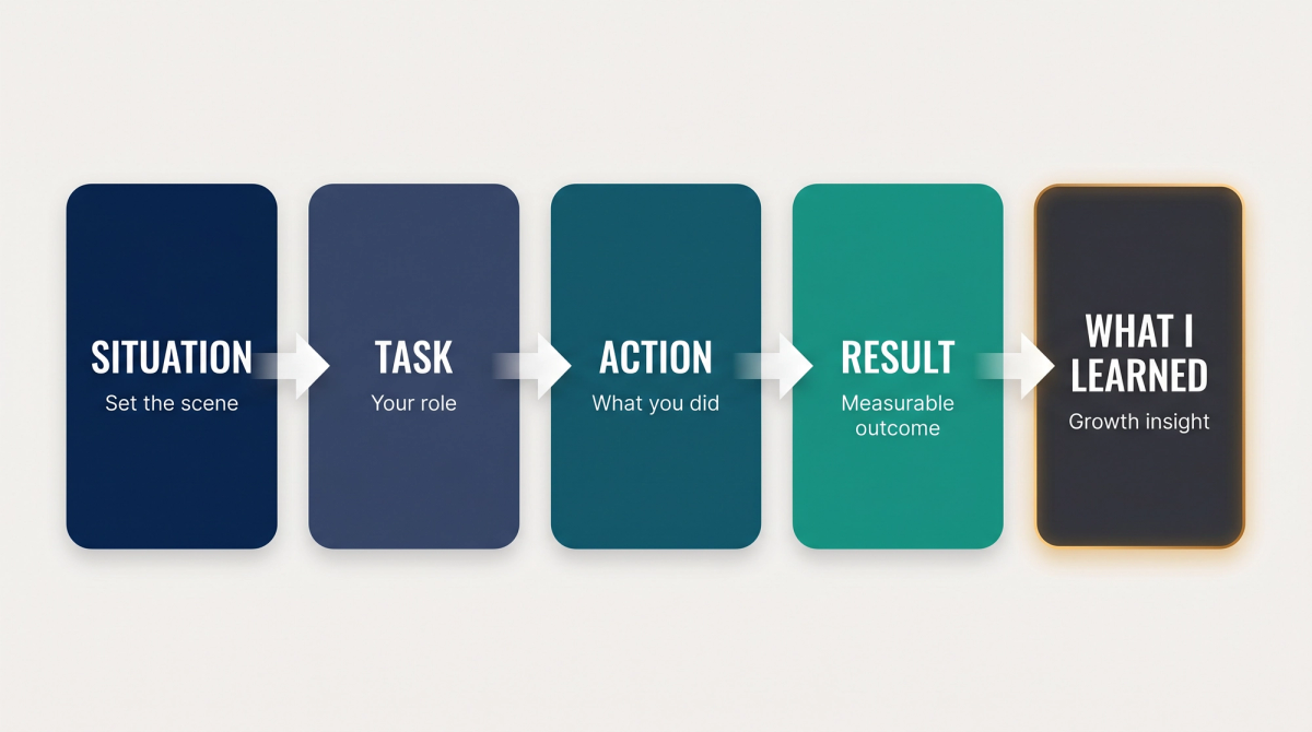STAR interview framework diagram showing Situation, Task, Action, Result, and What I Learned as a 5-step connected flow for job seekers
